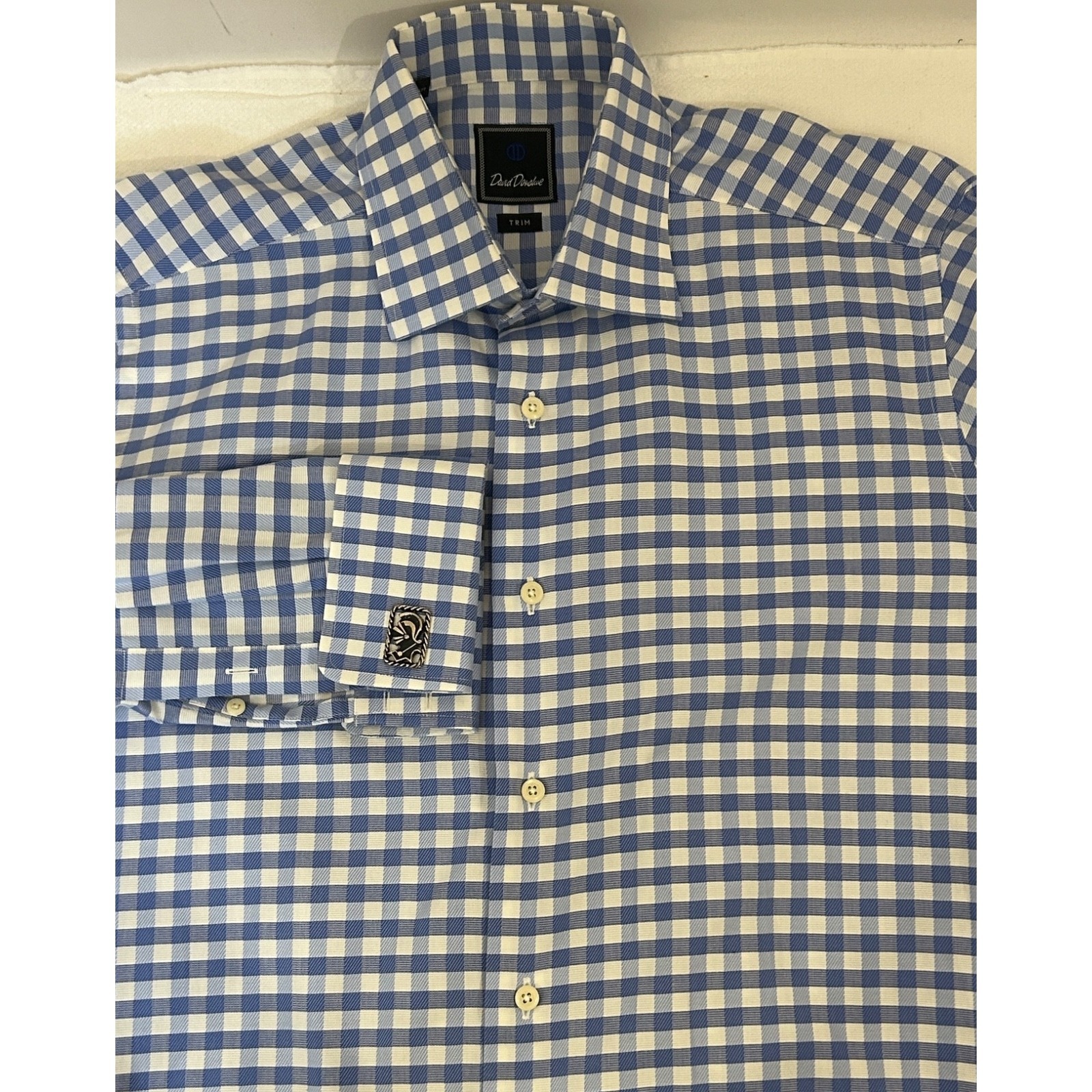 David Donahue Dress Shirt Mens 16 32/33 Blue White Gingham Trim Fit French Cuff